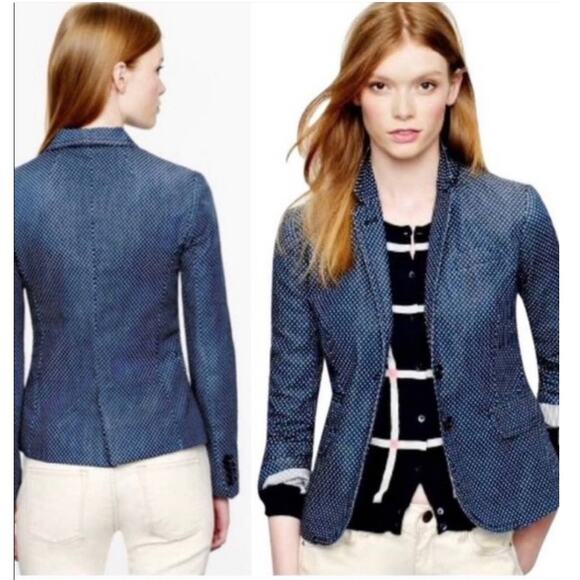 J CREW Classic Schoolboy Blazer Jacket Fitted Tailored Indigo Blue Dot Cream 0 - Picture 2 of 13